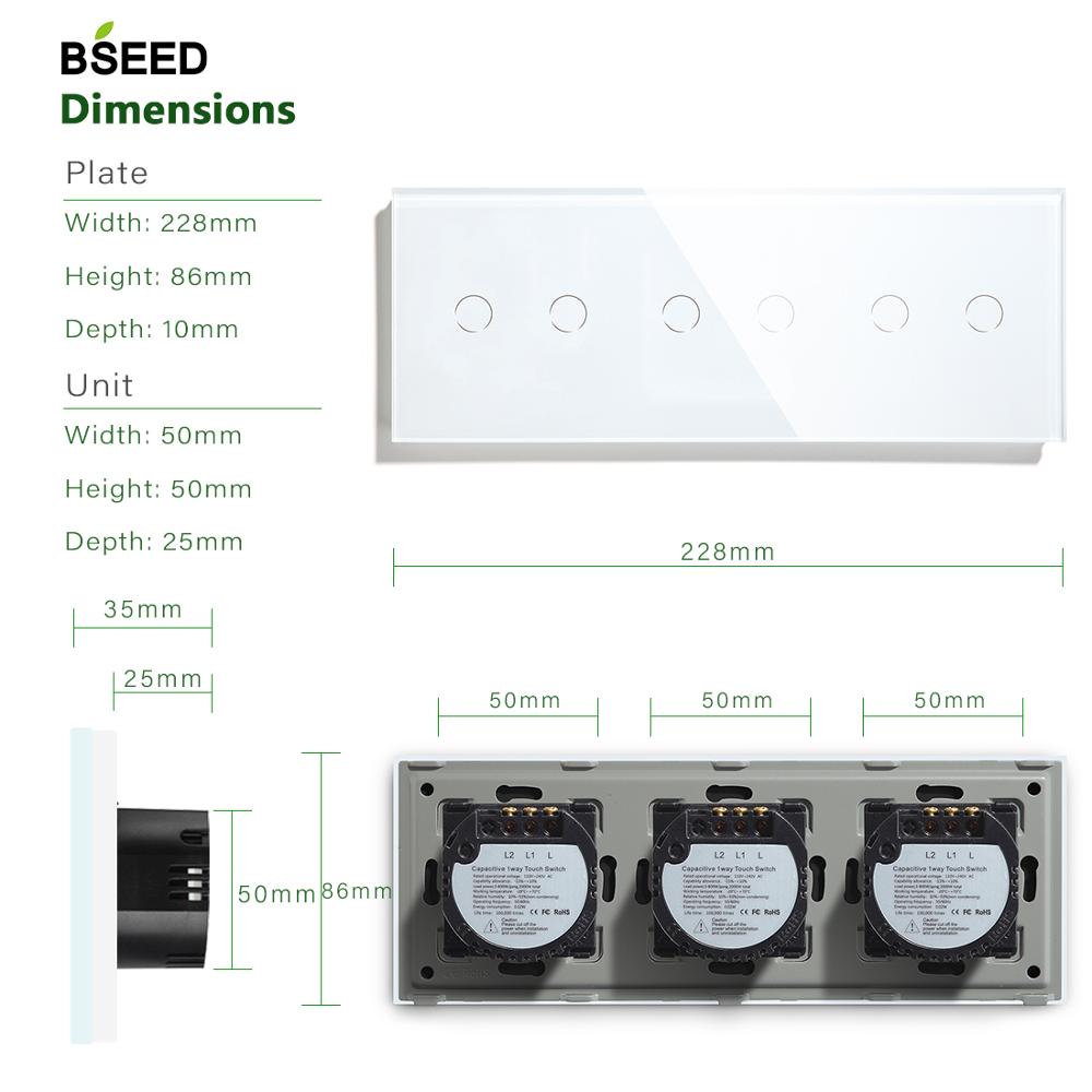 Bseed 6 Gang Touch Dimmer 228mm Light Dimmer Switch Crystal Class Panel Switch White Black