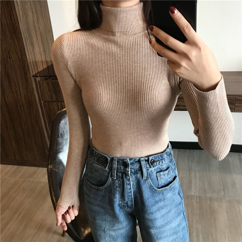 Pull épais pour femmes, Pull tricoté côtelé, Pull à manches longues, col roulé, Pull Slim et pour femmes, collection automne et hiver: Kaki
