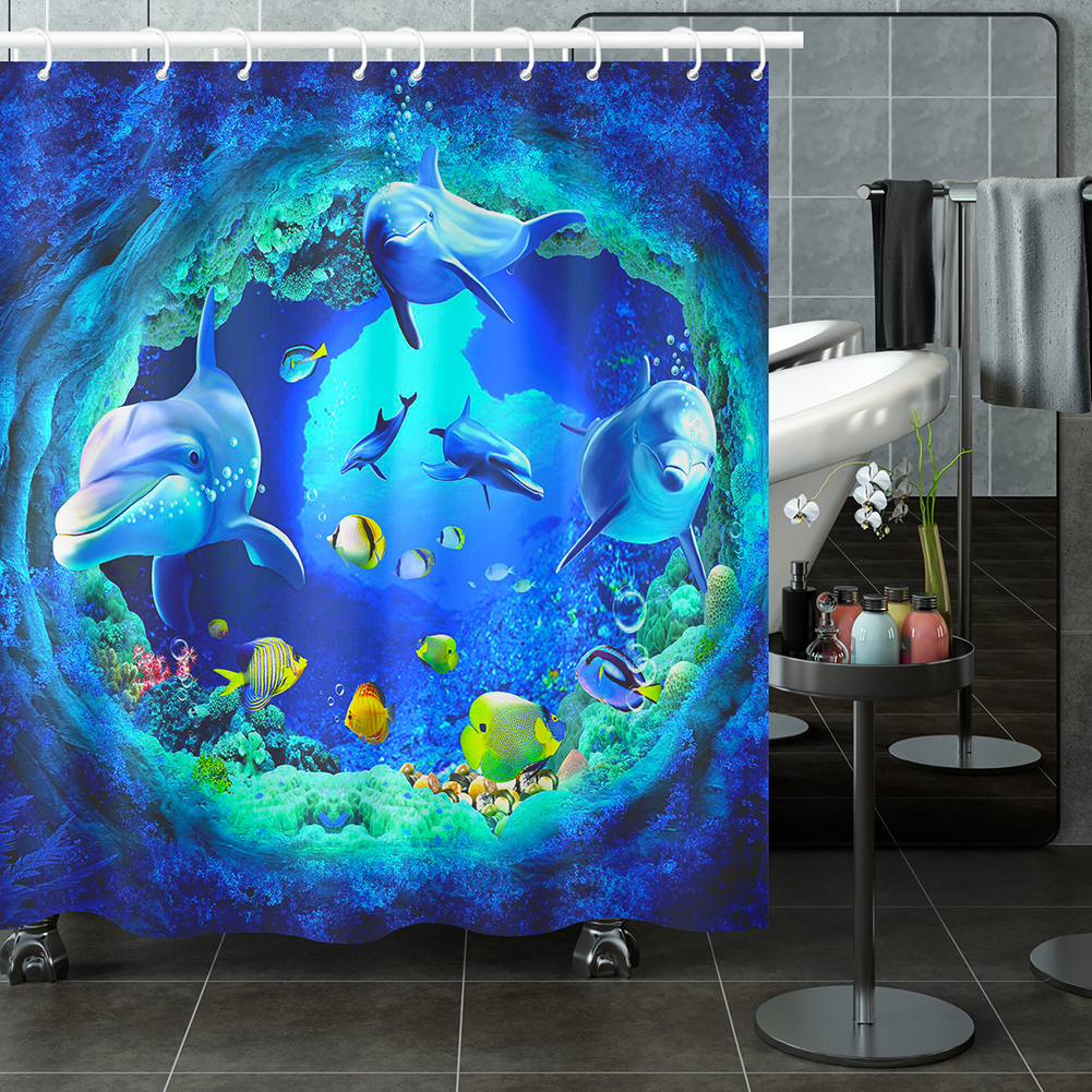 Rideau de douche dauphin bleu, monde sous-marin, vie Marine, tissu en Polyester, thème océan pour enfants, ensemble de décoration de salle de bain avec 12 crochets