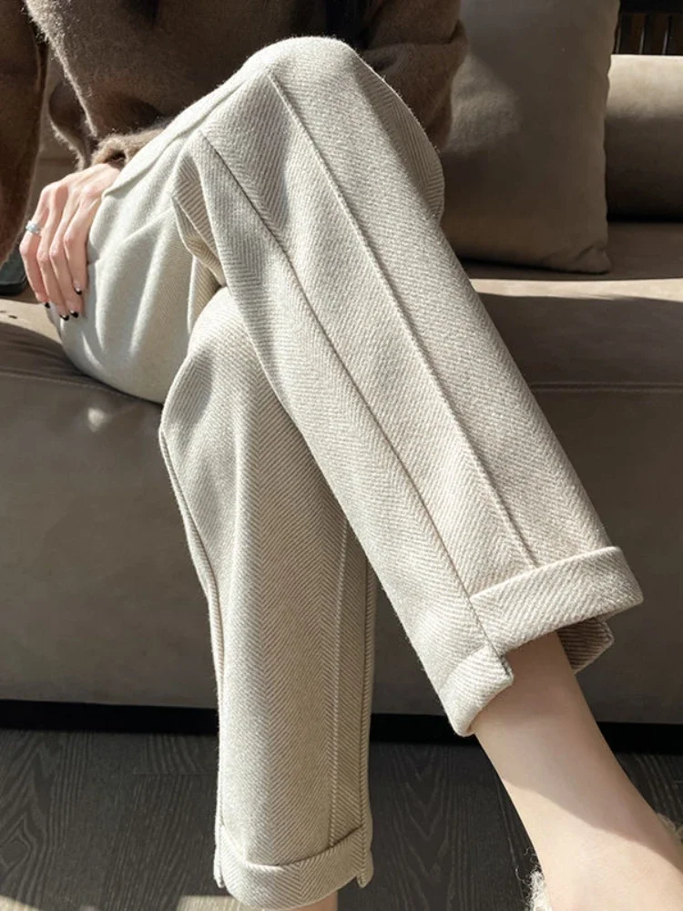 Pantalones rectos de Tweed de cintura alta para mujer, pantalón corto grueso y cálido, holgado, informal, en espiga, otoño/invierno, 2025: XXL / Beige