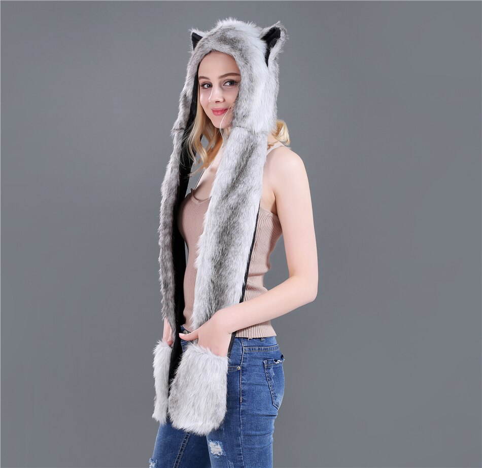 Imitation Fur Hat Cartoon Animal Hat Scarf Gloves One Piece Women Winter Set