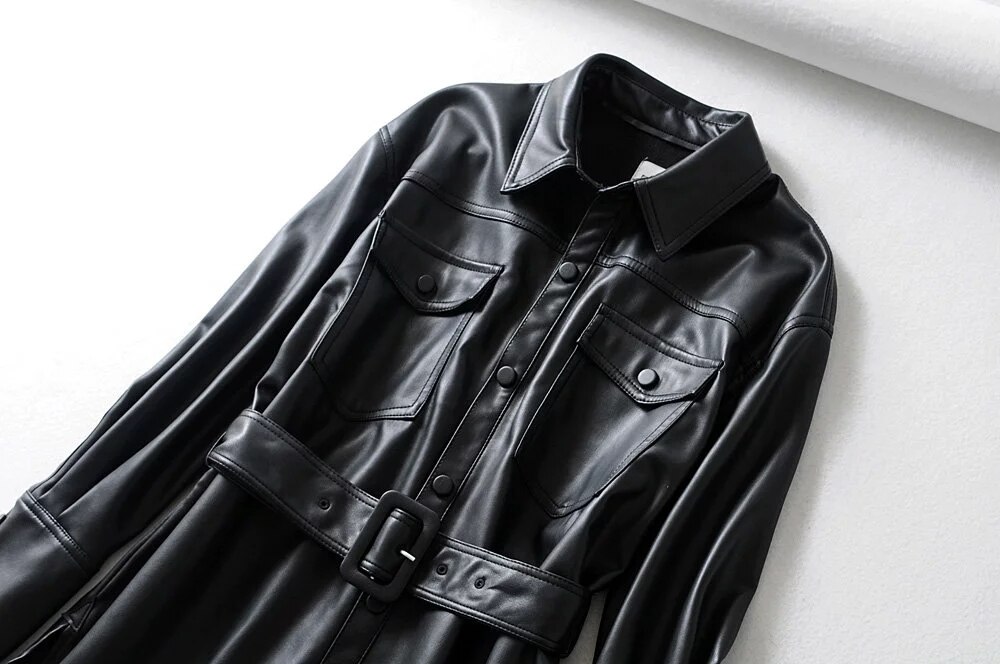 Nero Faux Delle Donne giacca di pelle Sottile DELL&#39;UNITÀ di elaborazione di Giubbotti Donne Elegante Della Cinghia del Legame Della Vita biker giacca Femminile cappotto di pelle pieno inverno