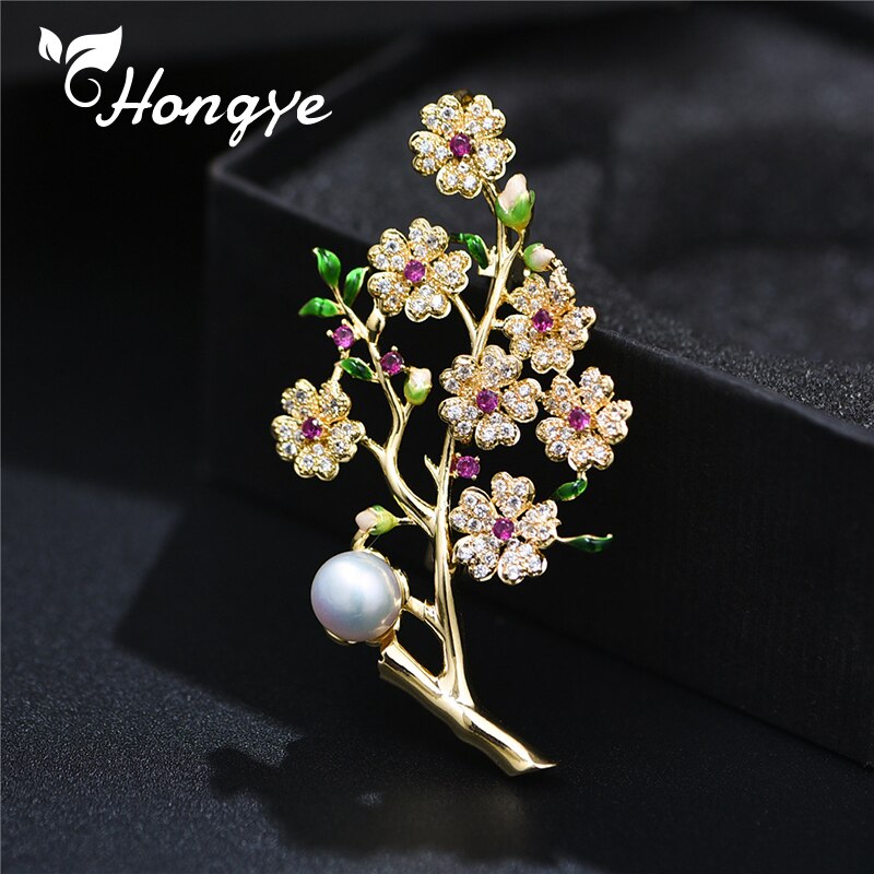 Hohl Plum Blossom Gold Metall Broschen Mantel Zubehör für Frauen Natürliche Süßwasser Perle Pin Schmuck AAA Zirkon Pin Neue