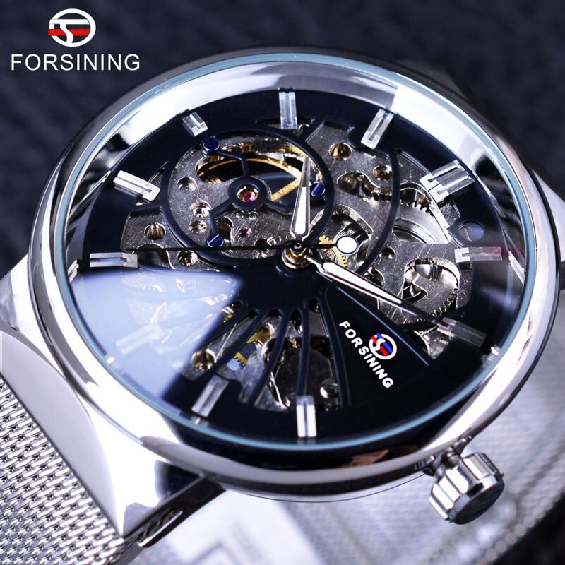 Forsining Luxe Dunne Case Unisex Waterdicht Heren Samll Wijzerplaat Horloges Top Luxe Mechanische Skelet Horloges: Black Silver