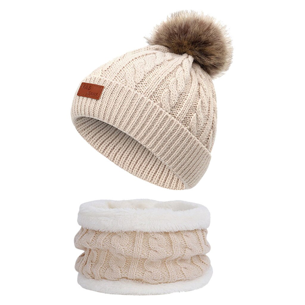 2pcs Baby Hat Scarf Suit Autumn Winter Knitteed Kids Hat Scarf Set Cotton Girls And Boys Hats Neck Children Scarf R2: Beige 