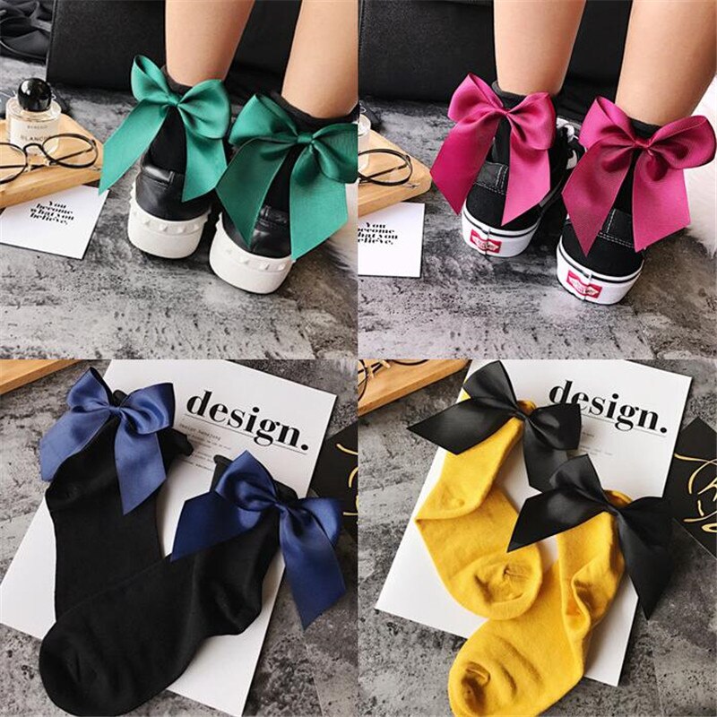 Chaussettes en coton à gros nœud pour femmes, à la , colorées, Kawaii, mignonnes, pour filles