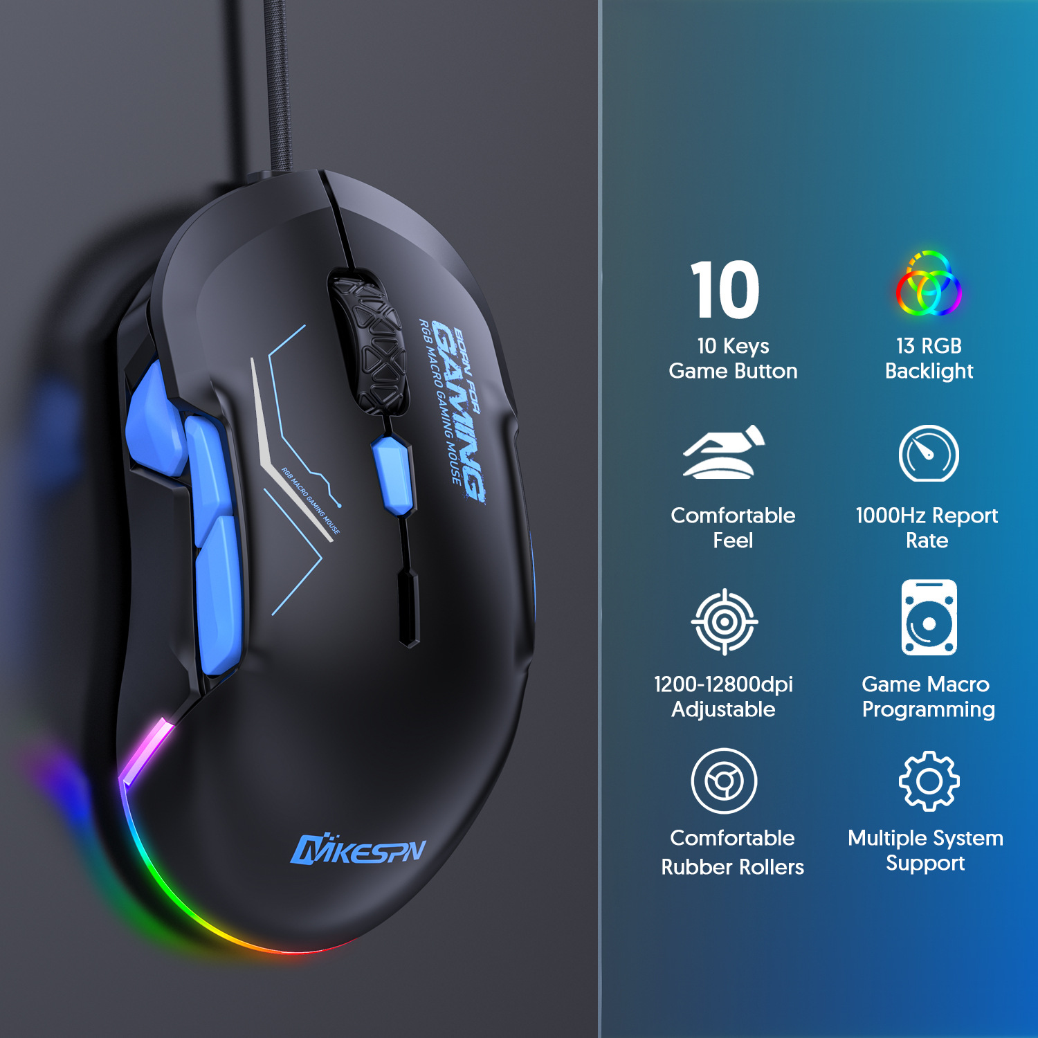 Zarówno lewa, jak i prawa symetryczna mysz do gier z programowalne przyciski 12800 DPI 10 i oświetlenie RGB