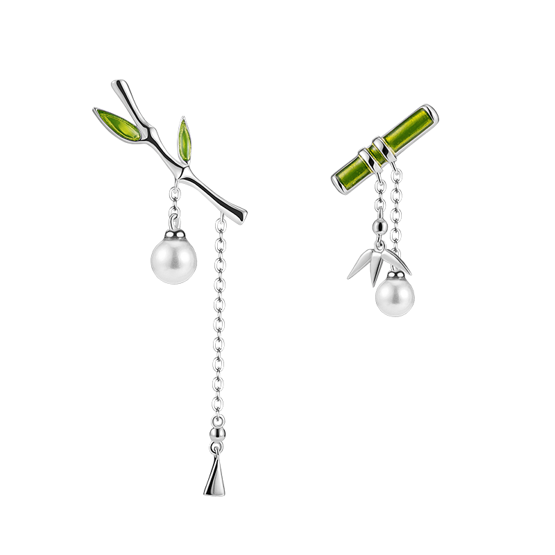 Thaya Enamel Women Earring Green Bamboo Earring Dangle With Pearl Retro Cute Earrings For Women Silver Earring Jewelry: Default Title