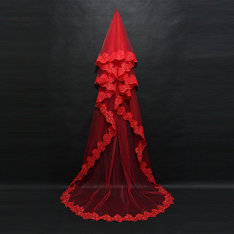 Velos de boda rojos, velo de novia con borde de encaje, accesorios para el cabello, decoración para de boda, 1,5/3/5M