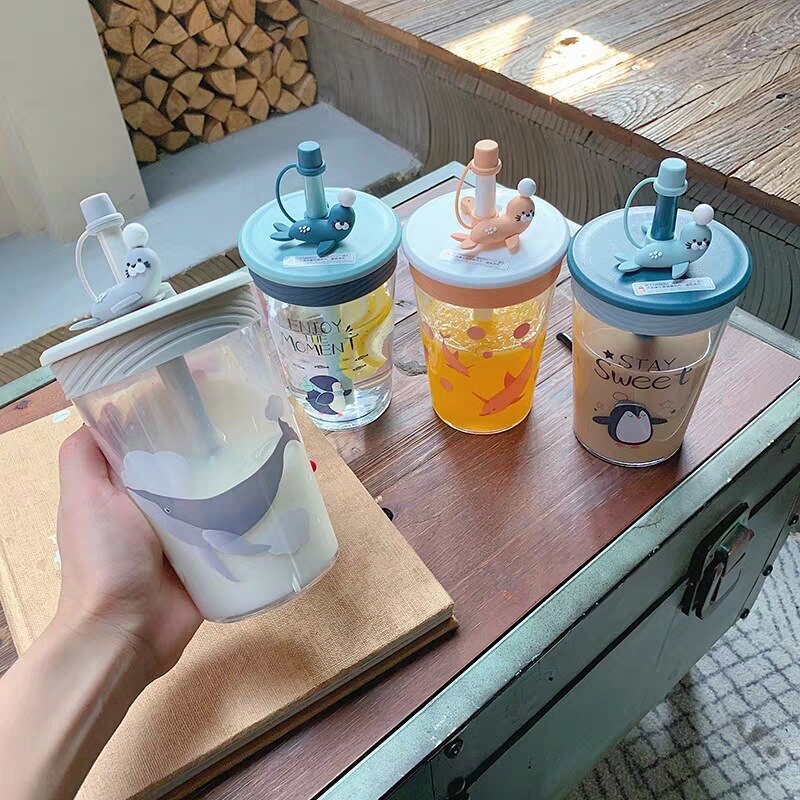 Cartoon Leuke Stro Water Cup Meisje Hart Transparante Eenvoudige Glas Cup Zomer Ins Wind Student Kinderen Bijbehorende Beker