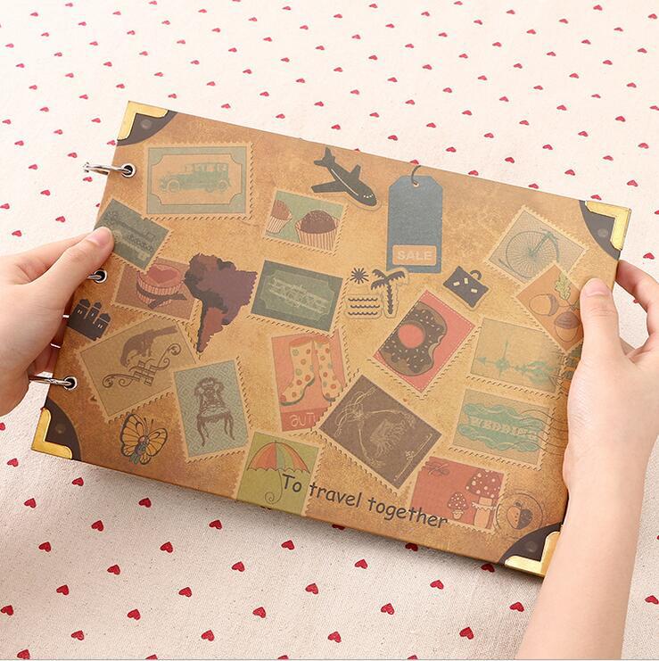 Diy bryllup fotoalbum kohud papir håndlavet rejse tema fotoalbum familie hukommelse rekord scrapbog album: Rejsende