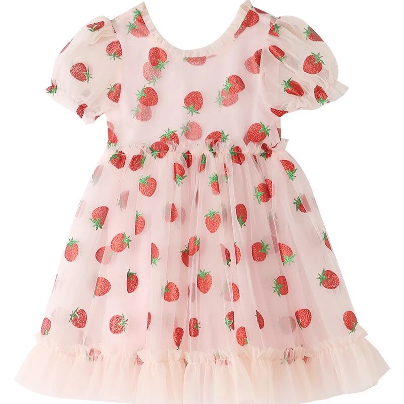 Kids Clothes Girls Summer Dress Children Clothes Puff Sleeve Pink Strawberry Princess Dress Vestidos Toddler Teen Dresses