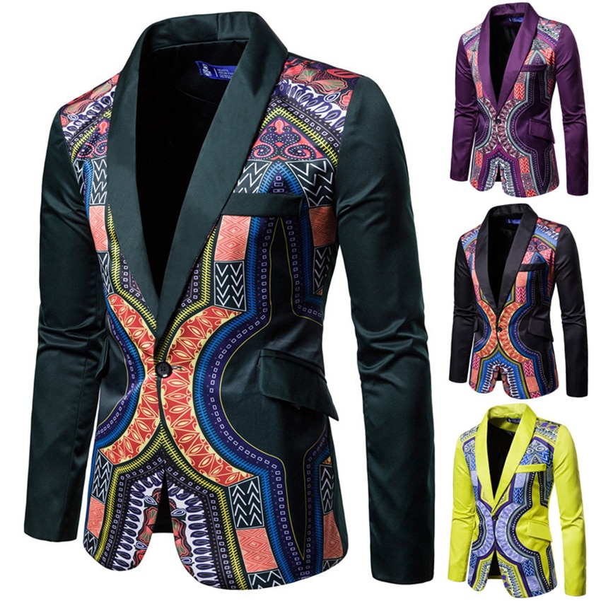 Blazer Dashiki Print News African Clothes Men Jacket One Botton Party Rich Bazin Retro Coat Full Sleeve Male Clothing M-3XL