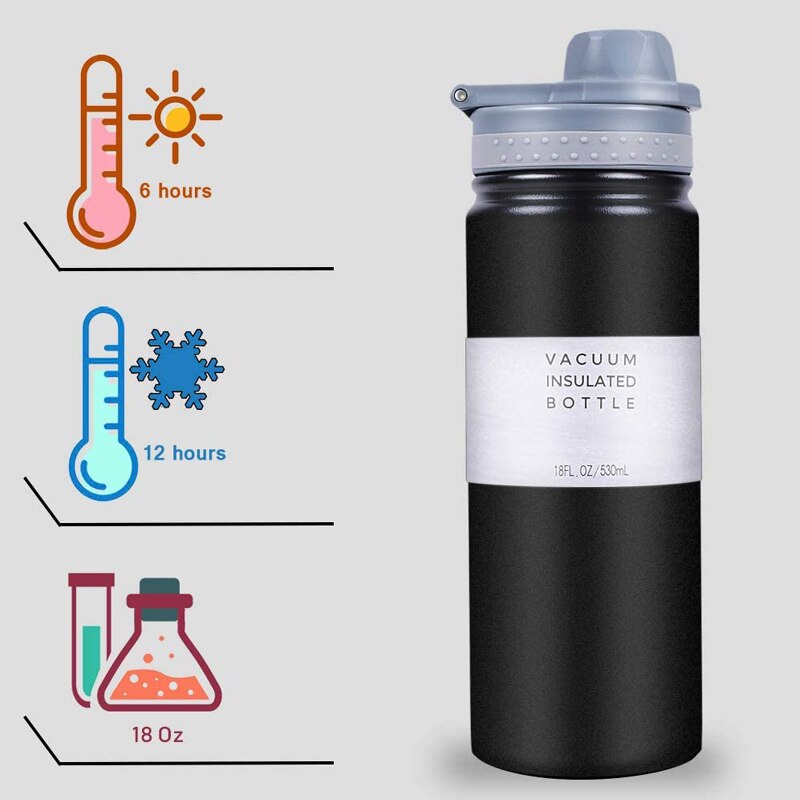 Botella de Metal de boca ancha para agua , termo de acero inoxidable con aislamiento al vacío, color negro, para viaje, 530ML
