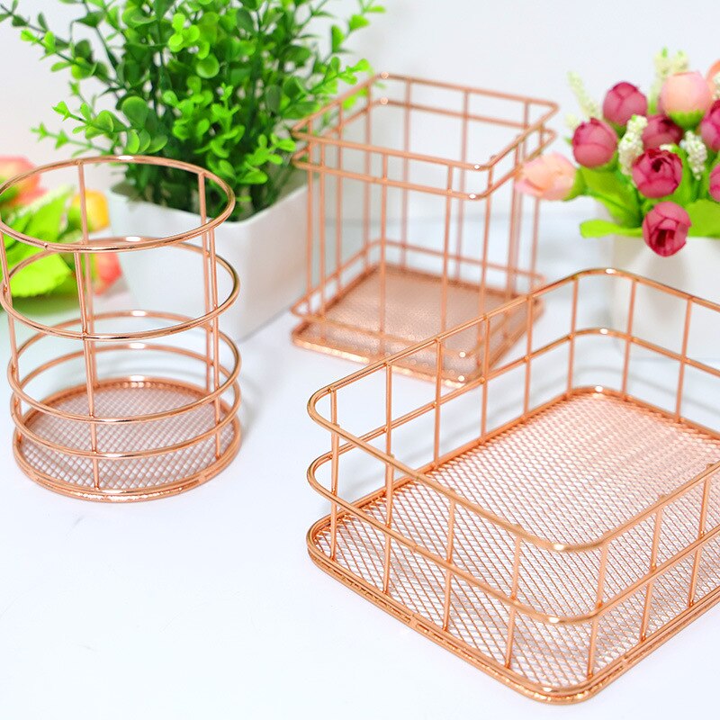Panier de rangement en fer forgé Rose doré, panier de rangement en métal, porte-stylo, de bureau, de papeterie de finition