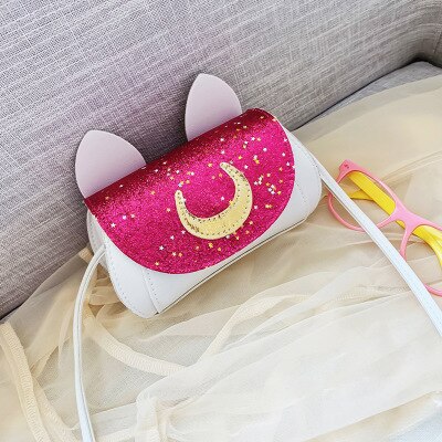 Baby Girl's Handbag Stylish Moon Pattern Sequin Cross Body Bag with Cute Cat Ears Kids Children Bags: Hot Pink