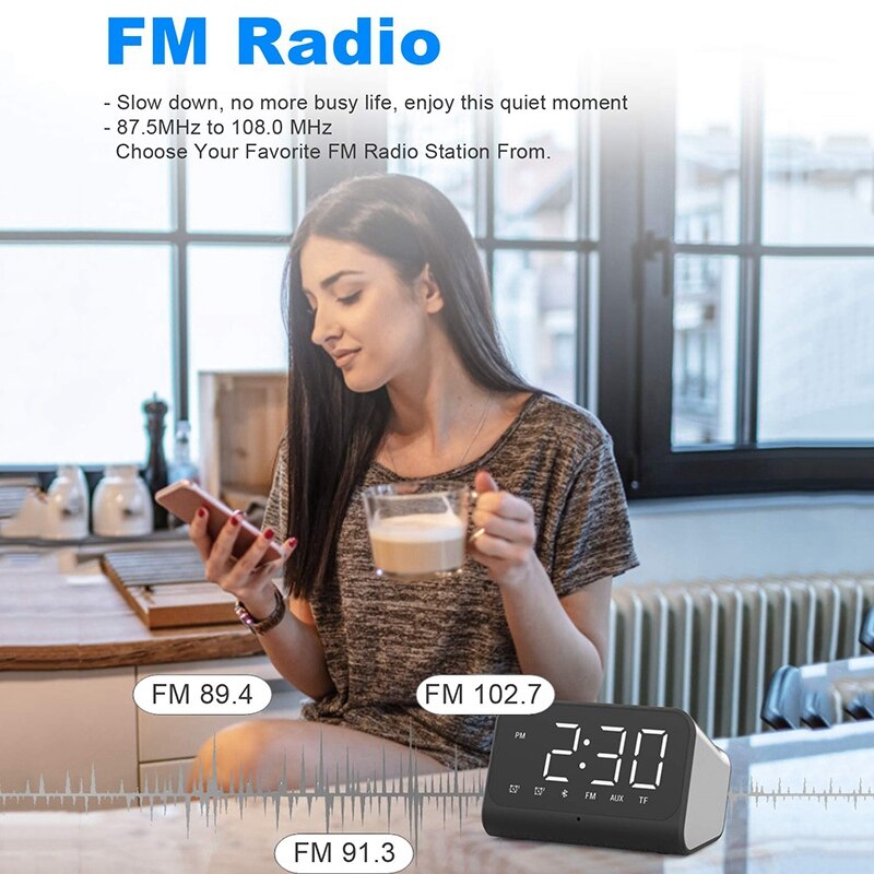 Digital LED Display Alarm Clock Radio with Bluetooth Speaker, Portable Clock for Bedroom and Office, Adjustable Volume