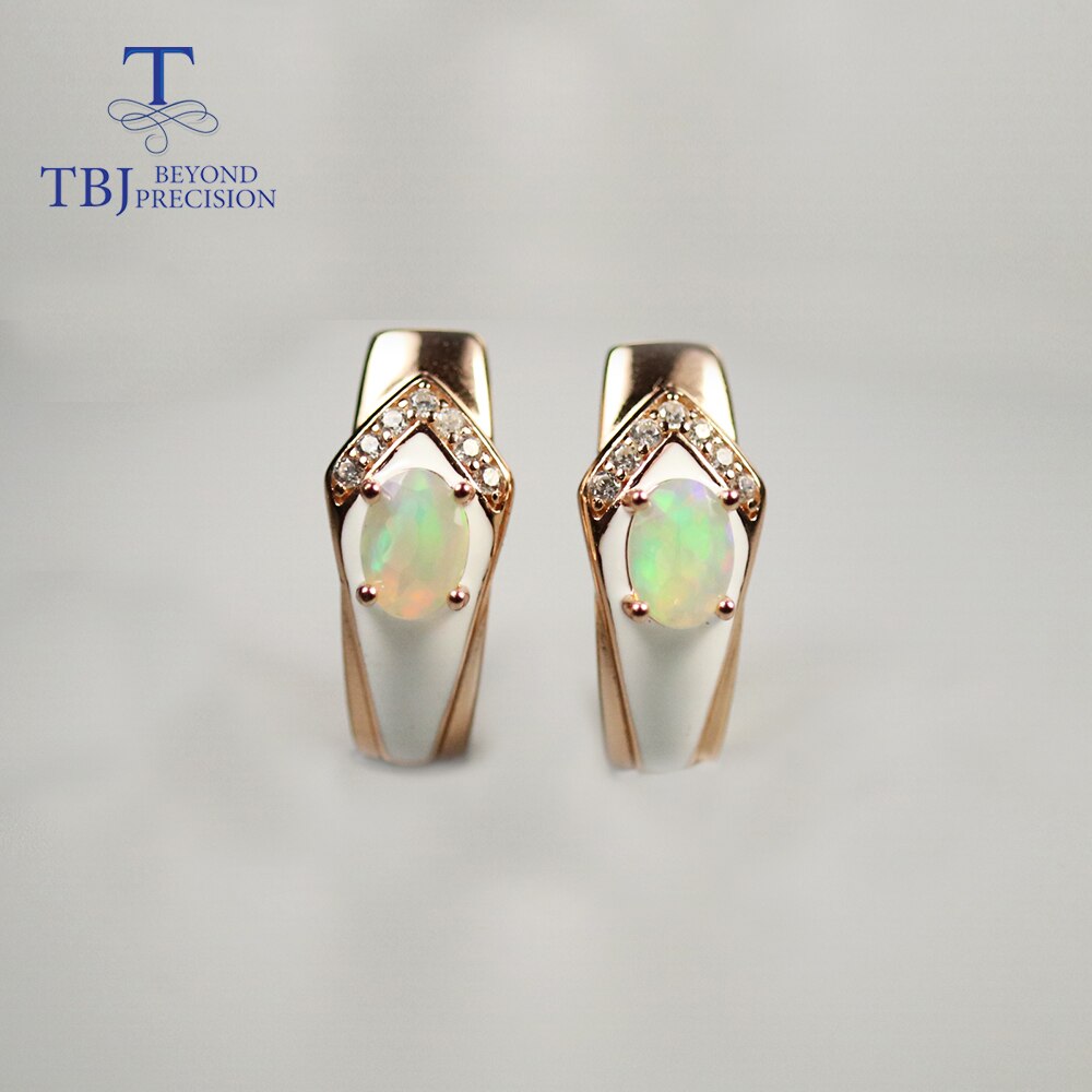 Tbj enamal Opal Earring natural colorful ethiopia gemstone oval cut 5*7mm fine jewelry 925 sterling silver for women