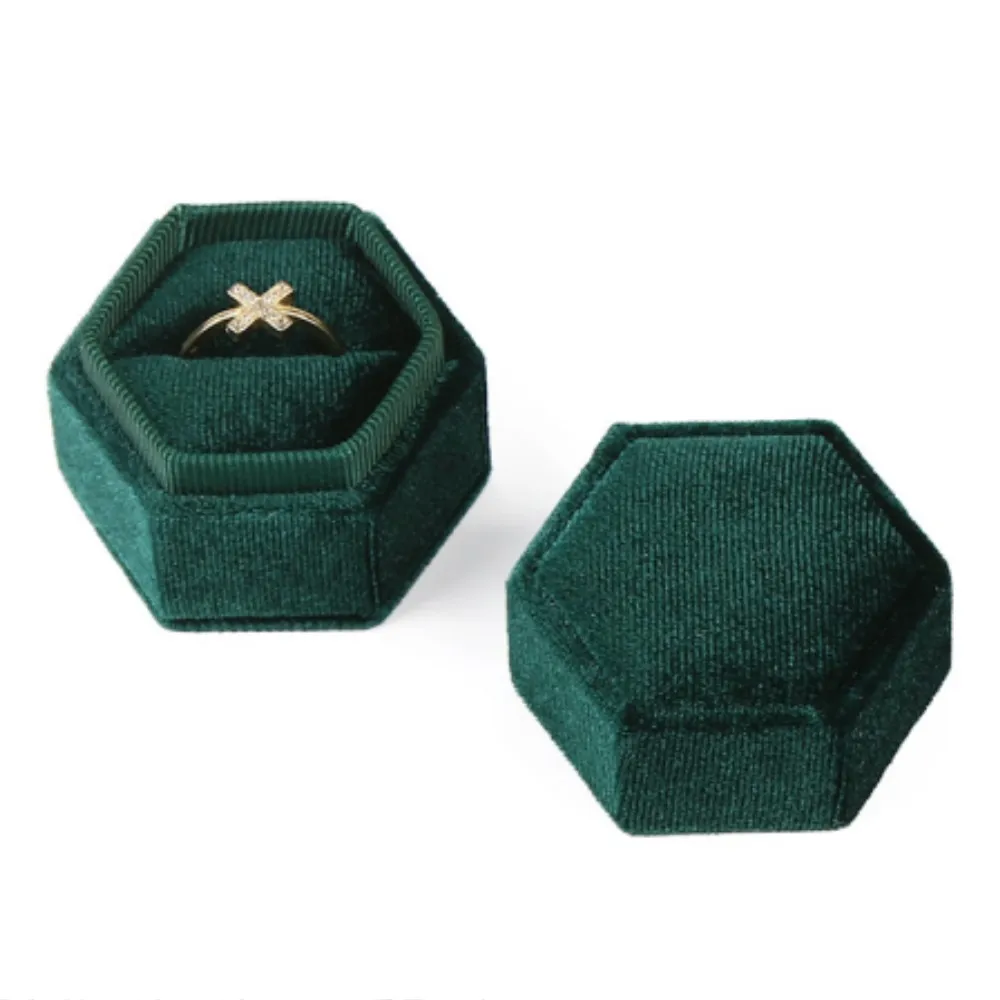 Caja octogonal de pana para anillos de boda, organizador de anillos de propuesta de compromiso, almacenamiento portátil, joyero Vintage,: Azul