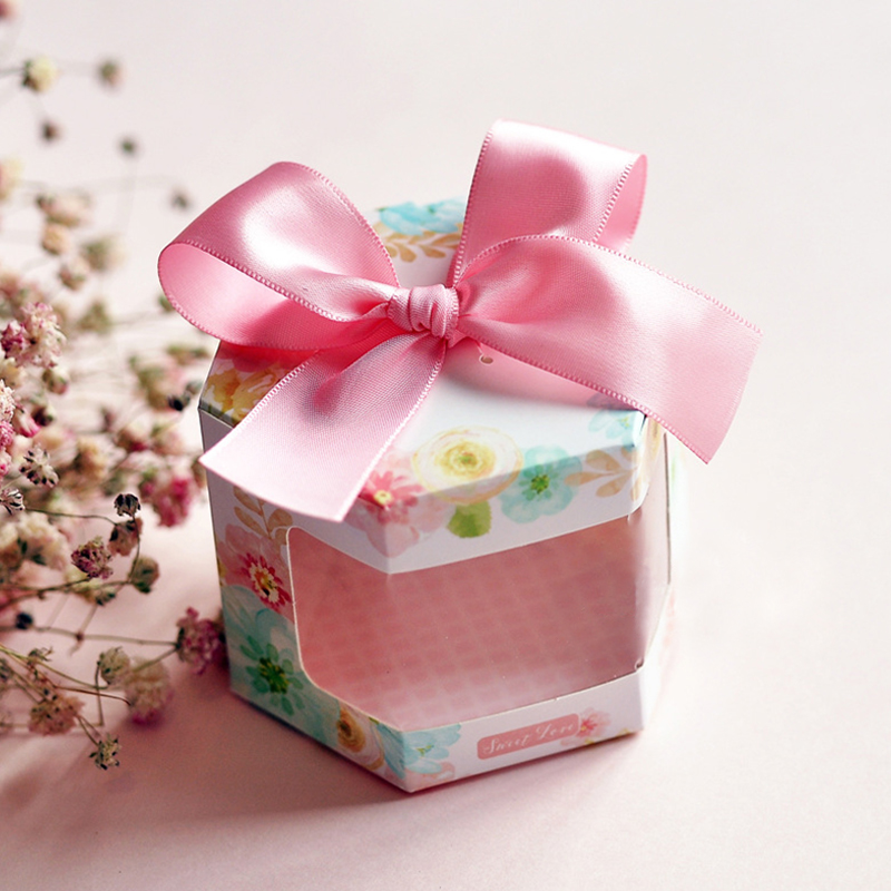 5Pcs Vintage Bloemen Gedrukt Dozen Snoep Hexagon Vorm Dozen Met Strik Lint Wedding Party Candy Chocolade Wikkelen Doos