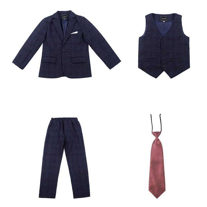 Chłopcy rano płaszcz garnitury w kratę dzieci formalne stroje ubrania zestawy dziecko smokingi panowie wesele stroje maluch marynarka spodnie: niebieski 4 szt Sets / 100