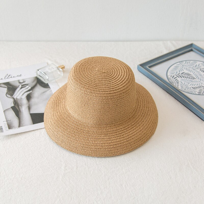 Sommer dame plisseret stråhat kvinder afslappet stor rand rand floppy solhat cap strand casquette gorros: Khaki
