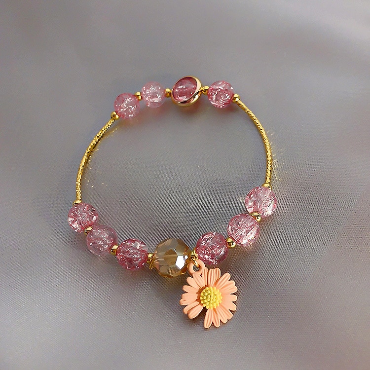 Mignon Bracelet à breloques en or avec perles de cristal fleur breloque bijoux de pour les femmes