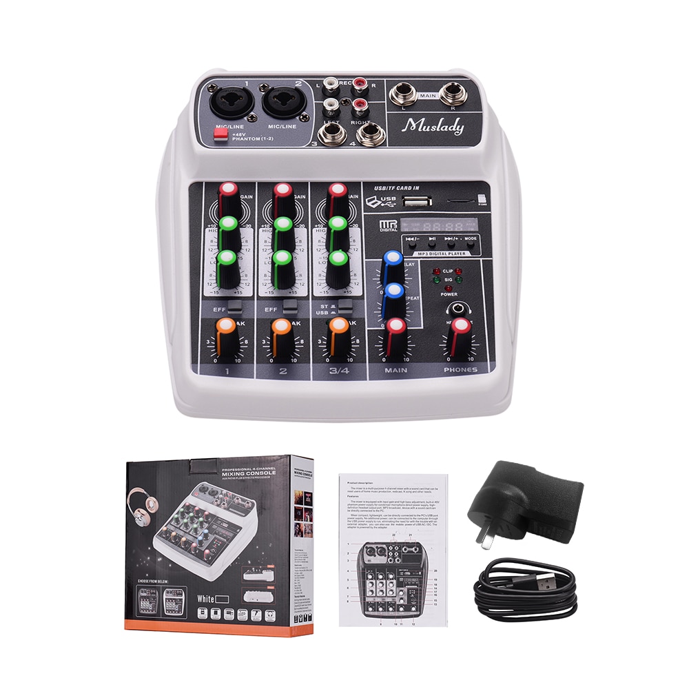 Mixing Console Digital Audio Mixer 4-Channel BT MP3 USB Input 48V Phantom Power for Recording DJ Network Live Broadcast Karaoke: White AU PLUG