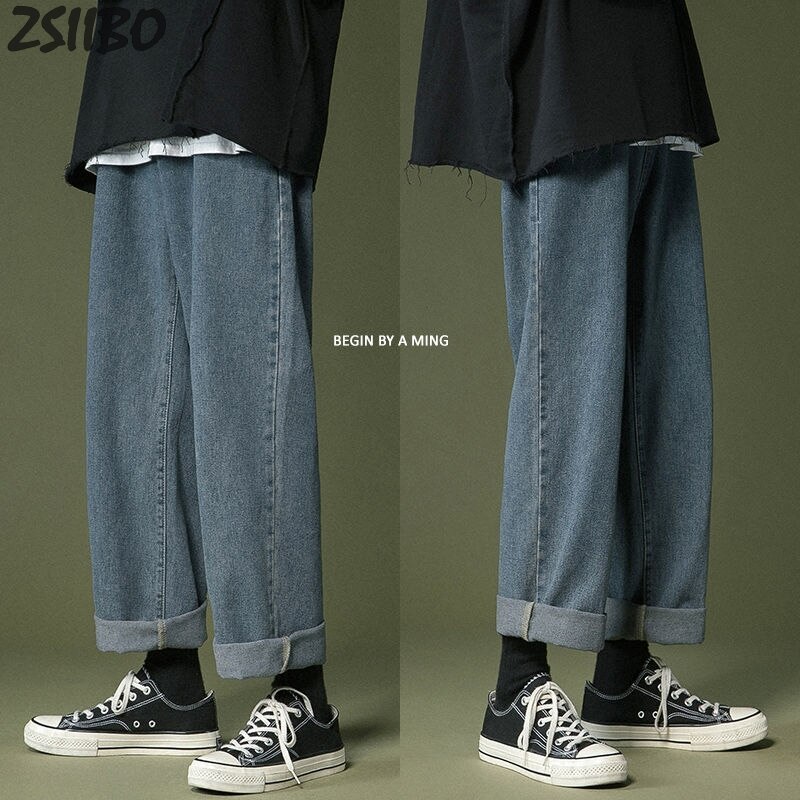 Oversize Men's Korean Fashoins Harem Blue Jeans Pants Unisex Vintage Straight Pants Harajuku Jeans Baggy Belt Denim Male