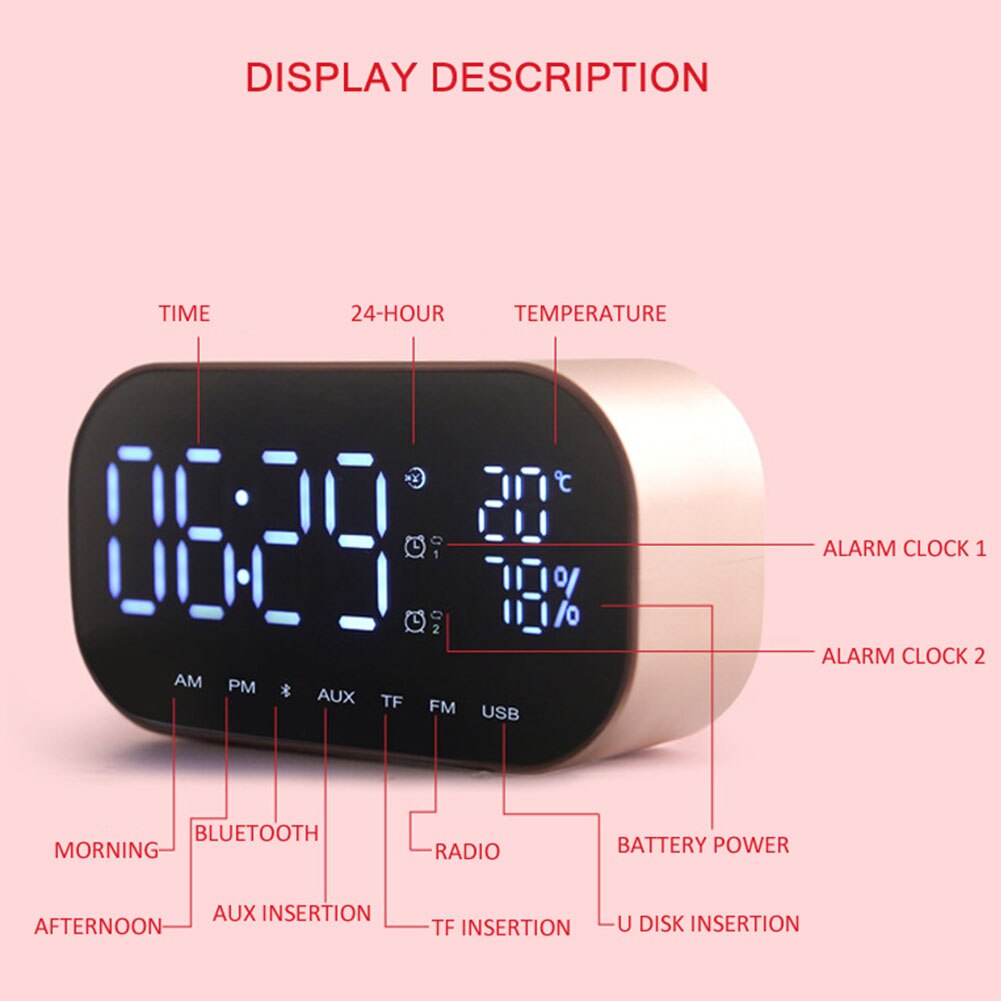 Desktop eenvoudige digitale Muziekspeler Led Draadloze Bluetooth Dual Speaker Spiegel Oppervlak Wekker multifunctionele muziek klok