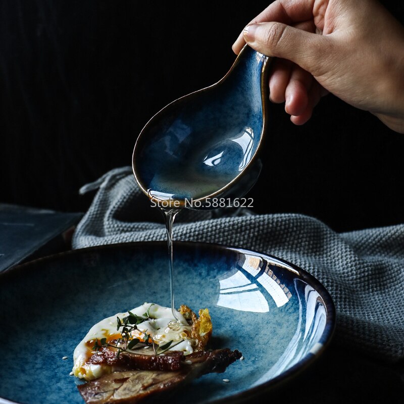 Deep Blue Ceramic Dinner Soup Spoon Ketchup Sauce Dish Spoon