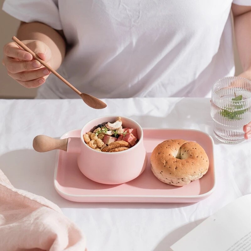 Tazón de cerámica con mango de madera para leche, plato de porcelana rosa y gris, bandeja creativa, juego de vajilla para postres y desayuno
