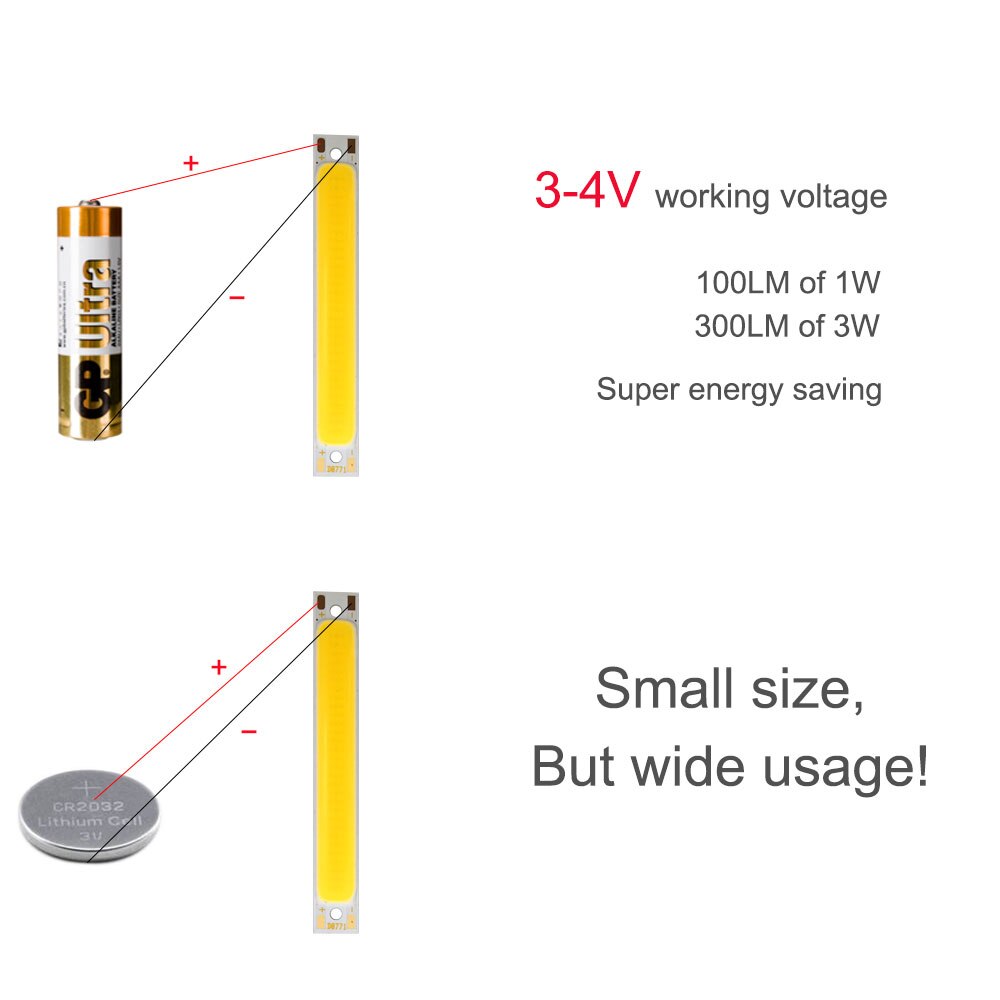 Battery Powered 1W 3W COB Bulb Kit 3.7V LED Light Source 60mm 2.36in Strip Bar LED Chip for Work Lamp Bike Boat Car Lights