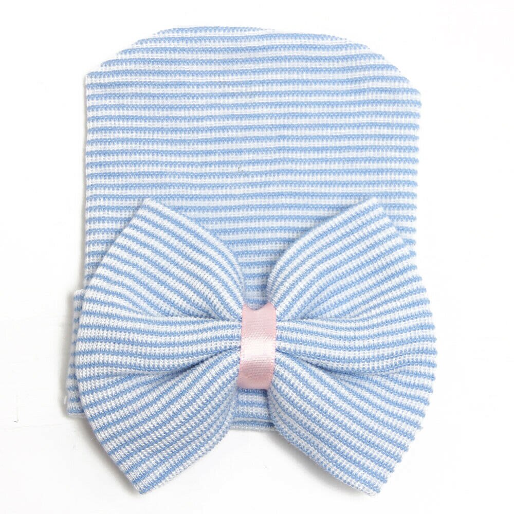 Bonnet à nœud papillon pour bébé unisexe, accessoires pour -né, confortable, à rayures, doux et , pour hôpital,: Bleu