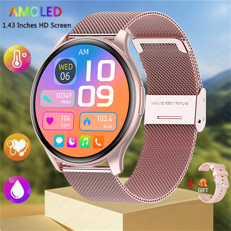 2025 novo para xiaomi huawei 1.43 polegadas bluetooth chamada smartwatch feminino masculino amoled 466*466 hd pixel display smartwatches senhoras: Rosa