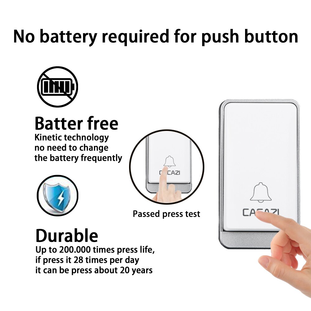 CACAZI Self-powered Wireless Doorbell Waterproof No Battery LED Flash 1 Button 3 Receiver Smart Home Cordless door bell chime