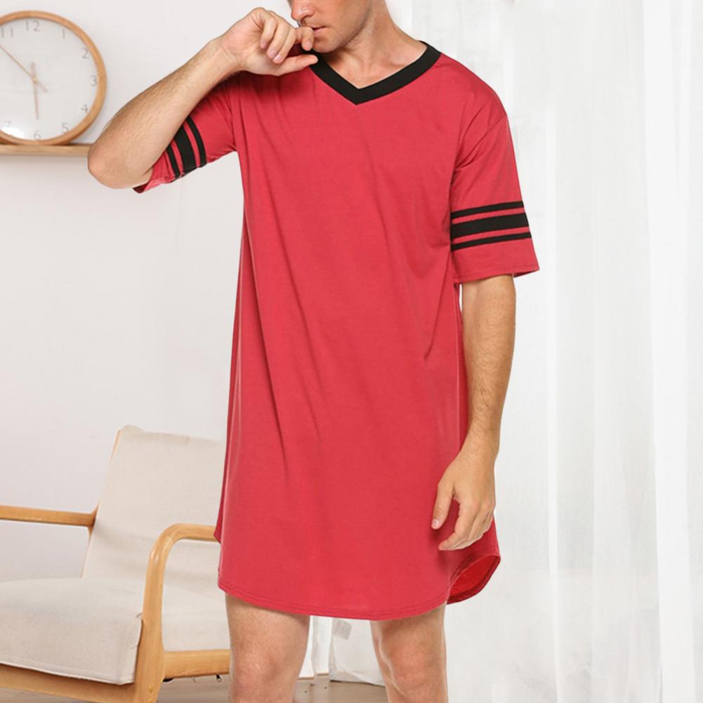 Mannen Loungewear Contrast Kleur Mannen Zomer Lang T-shirt Gestreepte Print Slaapkleding Mannen Badjas Slaap Jurk Homewear Gewaad