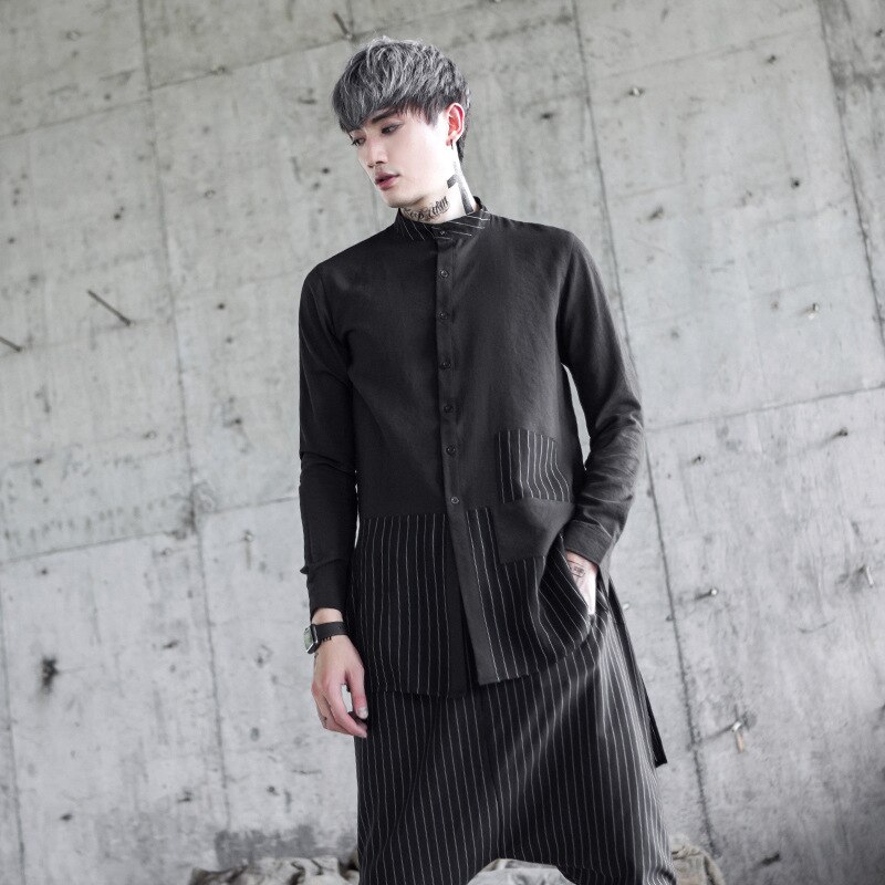 Heren punk stijl los overhemd met staande kraag, gesplitste strepen en lange mouwen, casual overhemd: Shirt / Xl