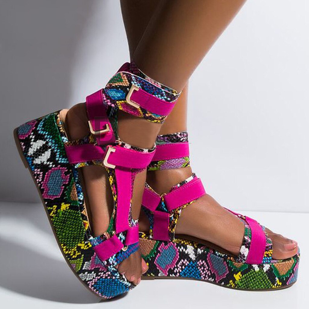 Sandalias de plataforma para mujer, zapatos planos para playa con punta abierta, correa de tobillo, piel de serpiente, cuero transpirable, informales