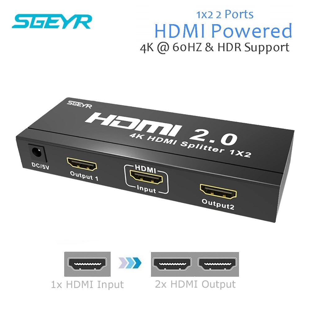 1x2 HDMI Splitter 4 K 2 Way HDMI Deler Splitter 1 in 2 out SGEYR Splitter HDMI 2.0, HDCP2.2 4Kx2K @ 60Hz met EDID Schakelaars
