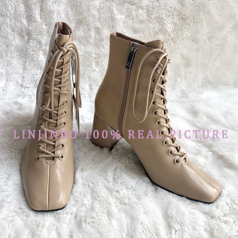 Linjinbo herfst vierkante neus kruisgestrikte hoge hakken laarzen dames kameelkleurige enkellaarsjes voor dames pu leren damesschoenen