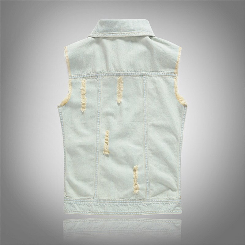Stijlvol, cool heren lichtblauw denim vest gewassen vintage gescheurd distressed vest mouwloos jeansjack voor heren