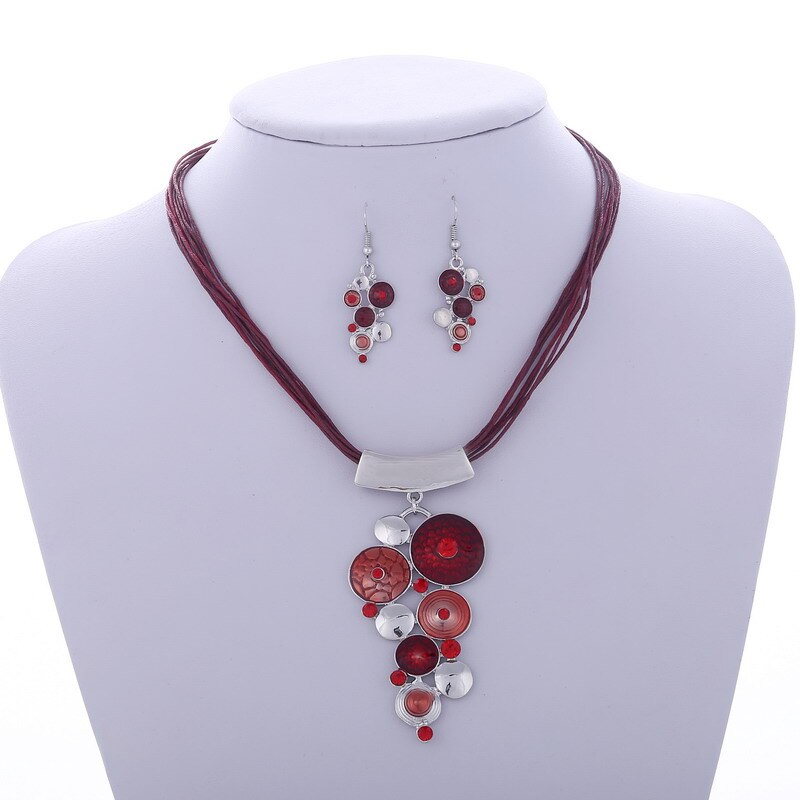 Emalje smykke sæt delikat læder reb vedhæng geometri choker halskæde øreringe sæt boho smykke sæt