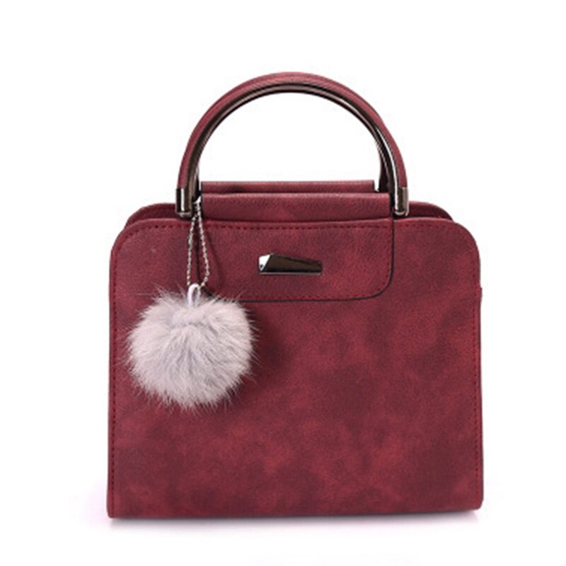 Medal Tote Purse Handbags With Hairball Women Top Handle Satchel Shoulder Bag PU Leather Crossbody Bags: wine red