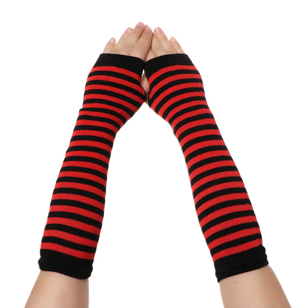 1Pair Girls Wristband Arm Cover Long Sleeve Women Cotton Classic Fingerless Long Glove Soft Striped Elbow Mitten Knitted Gloves: 9