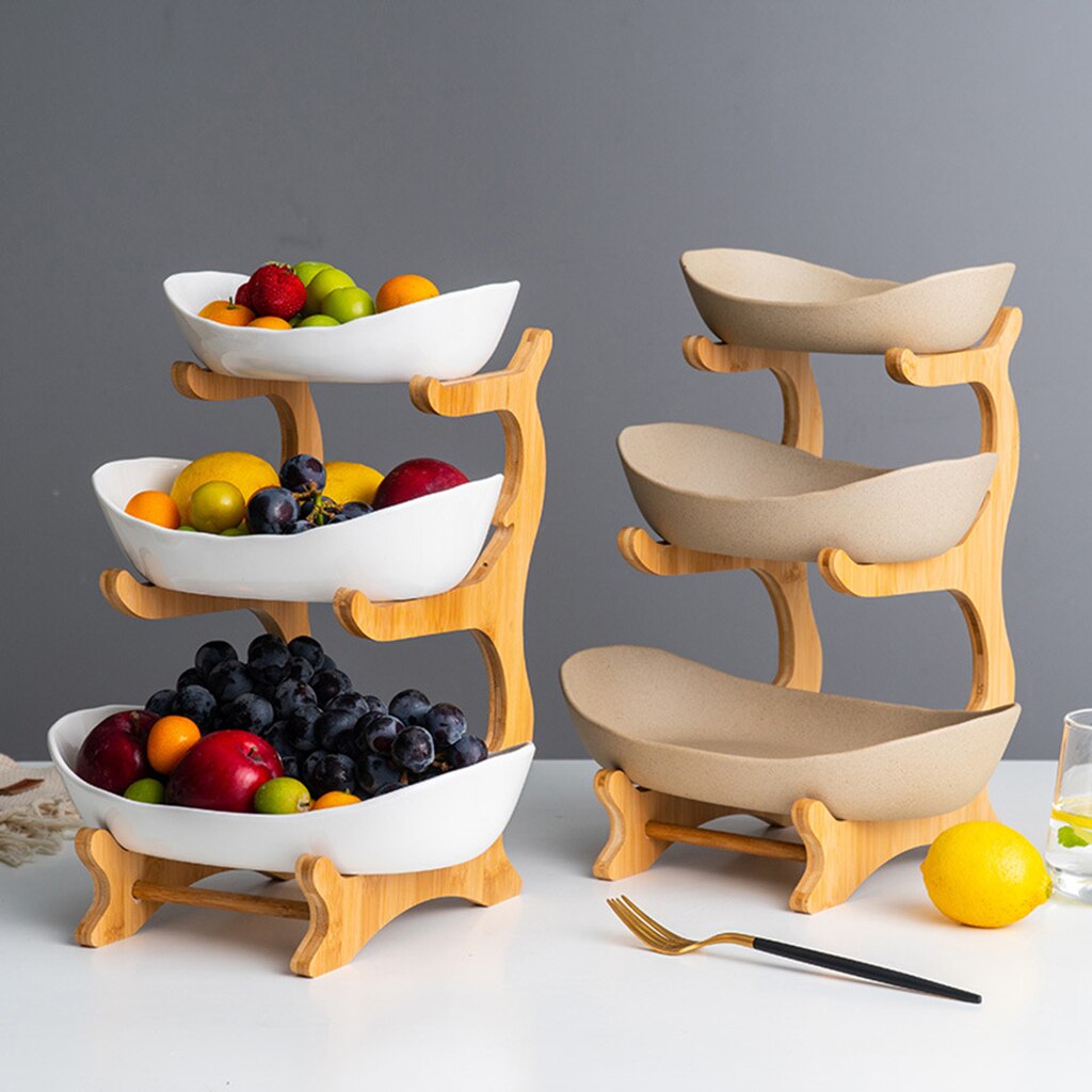 Panier à fruits en céramique moderne à 3 niveaux, porte-fruits en bois, bols de service de collation, cuisine