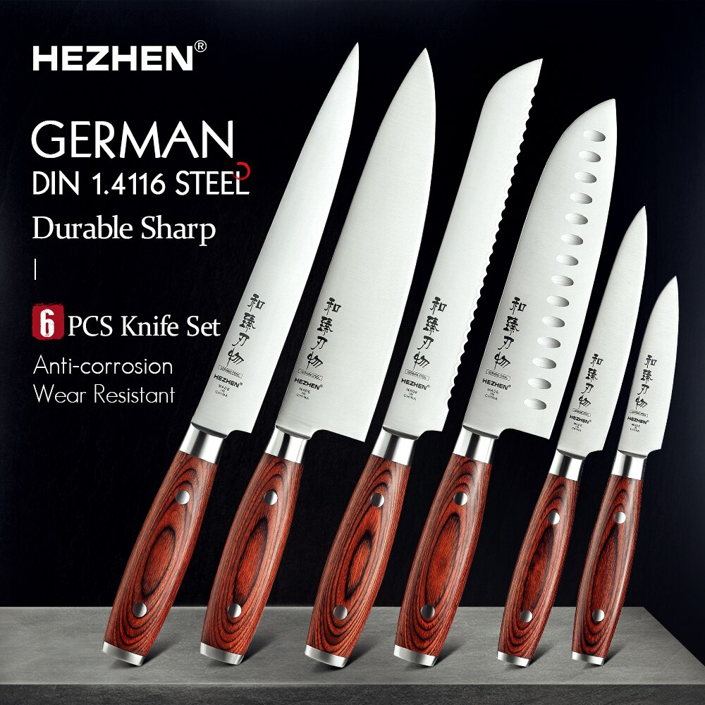 Hezhen 1-6pc knivset carving kock bröd santoku utility paring pakka trähandtag &amp; köksredskap med nit i rostfritt stål