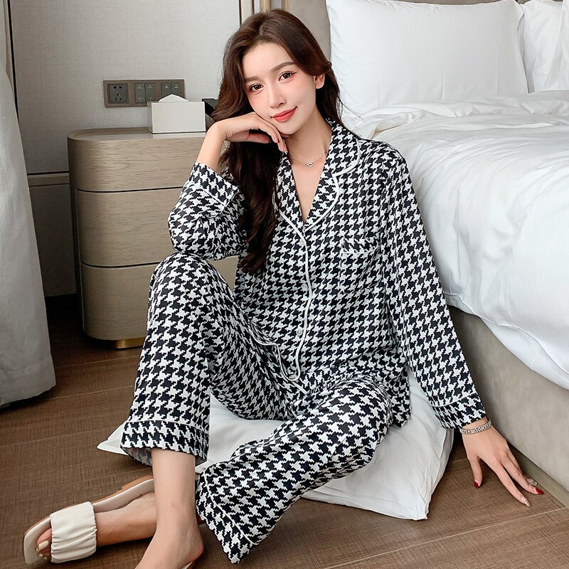 QWEEK Houndstooth Pajamas Women Silk Autumn Pijama Casual Sleepwear Bedroom Set Piece Loungewear Pyjamas Long Sleeve Pjs: Black / M