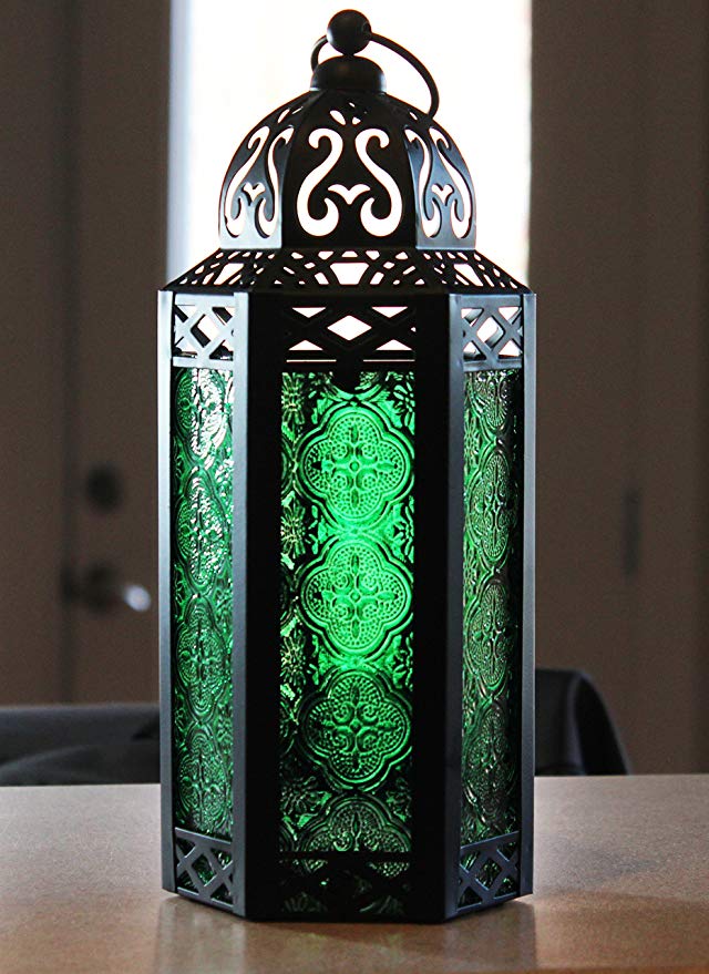 Support de lampe bougie en verre, 11.5 pouces, lanterne photophorique en métal, pièce centrale, décoration de jardin ou de Patio, de Style marocain: Green