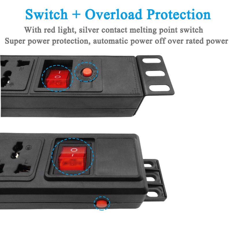 PDU Cabinet Power Strip with Switch 6/8AC Universal Outlets Lightning Overload Protection Extension Socket 19 Inch Hight Power